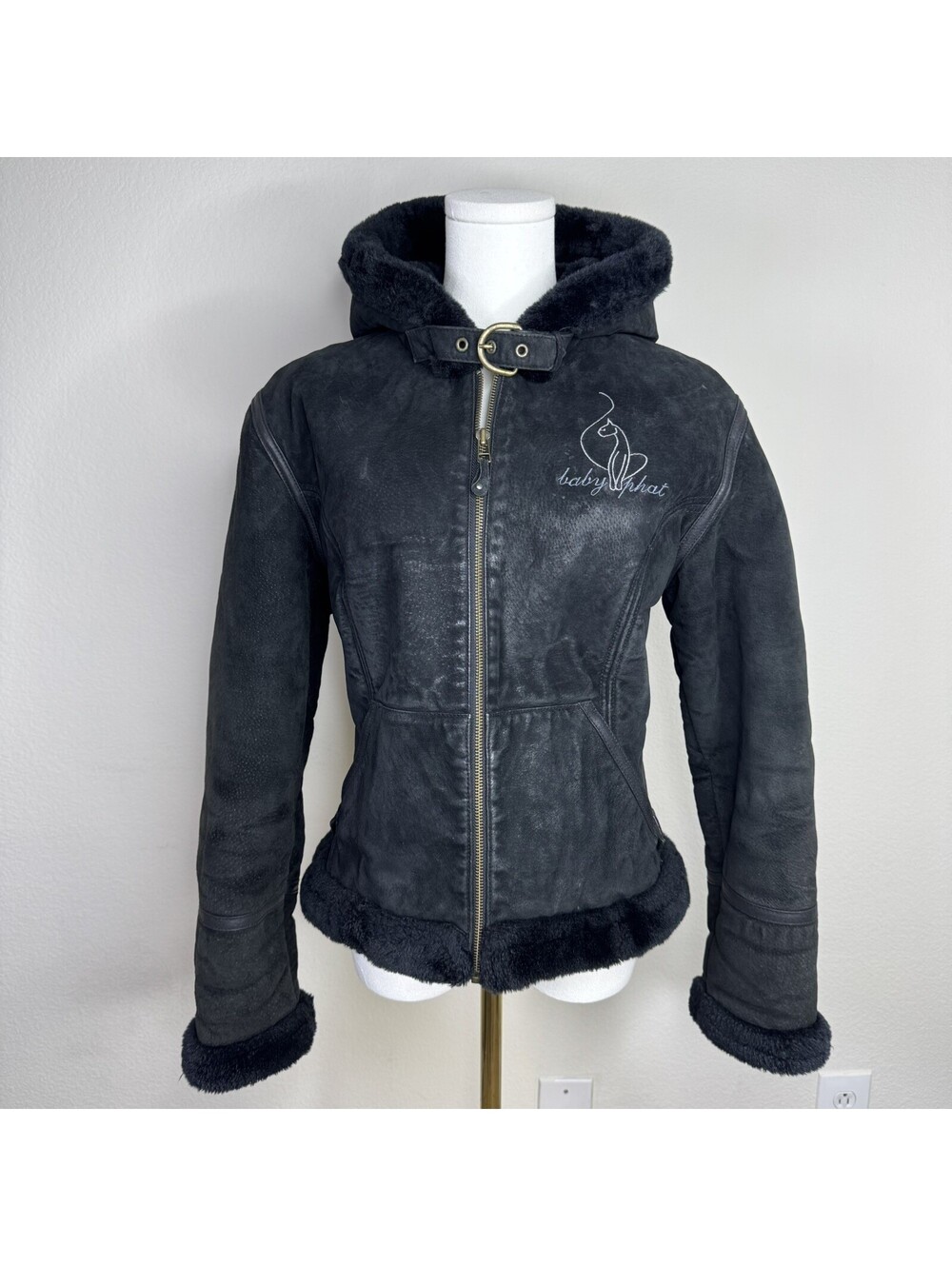 Vintage Y2K Baby Phat Genuine Suede Leather Faux Fur Hooded Jacket Black Size M